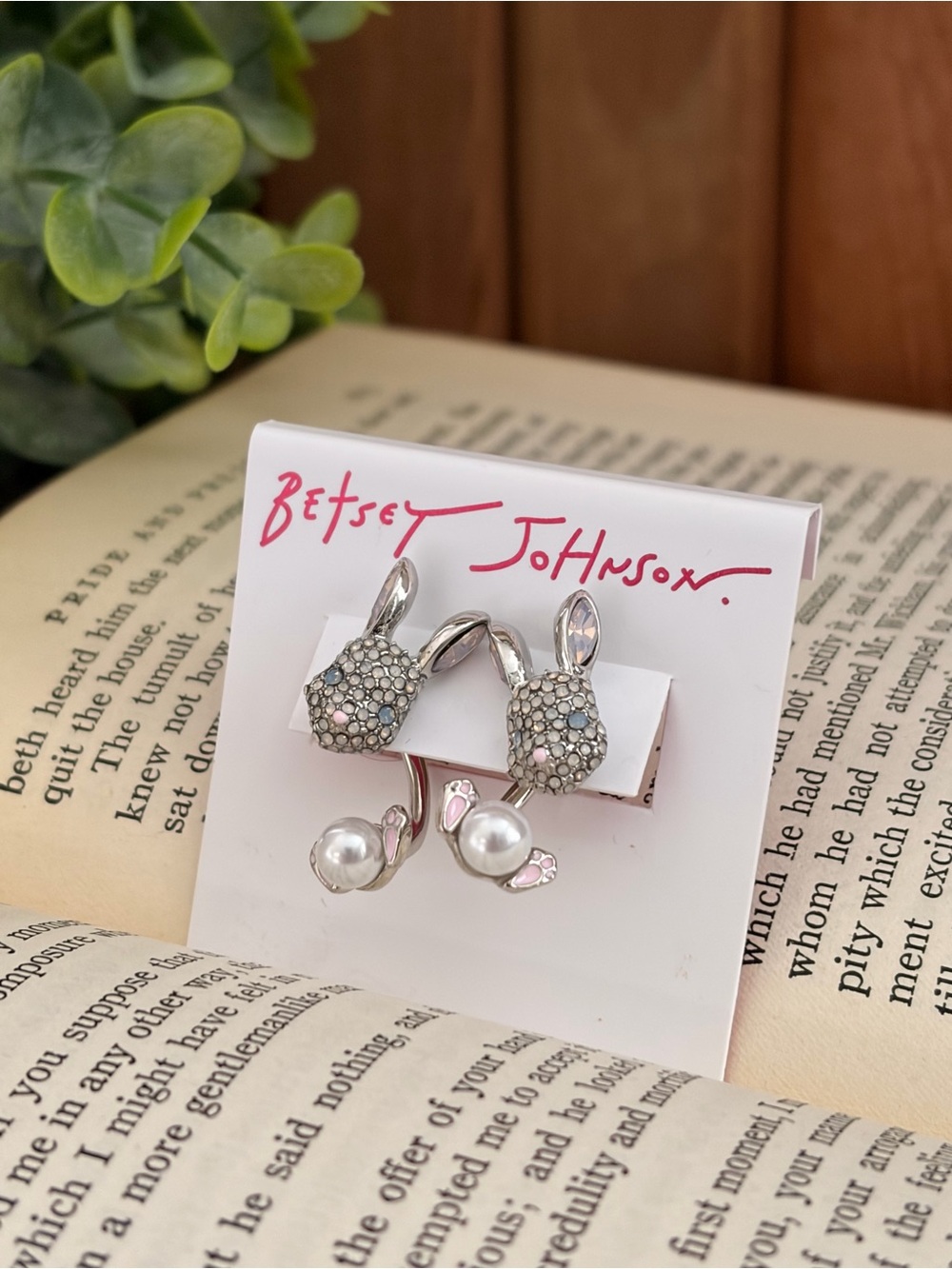 Betsey Johnson Silver Bunny Front & Back Pearl Drop Earrings